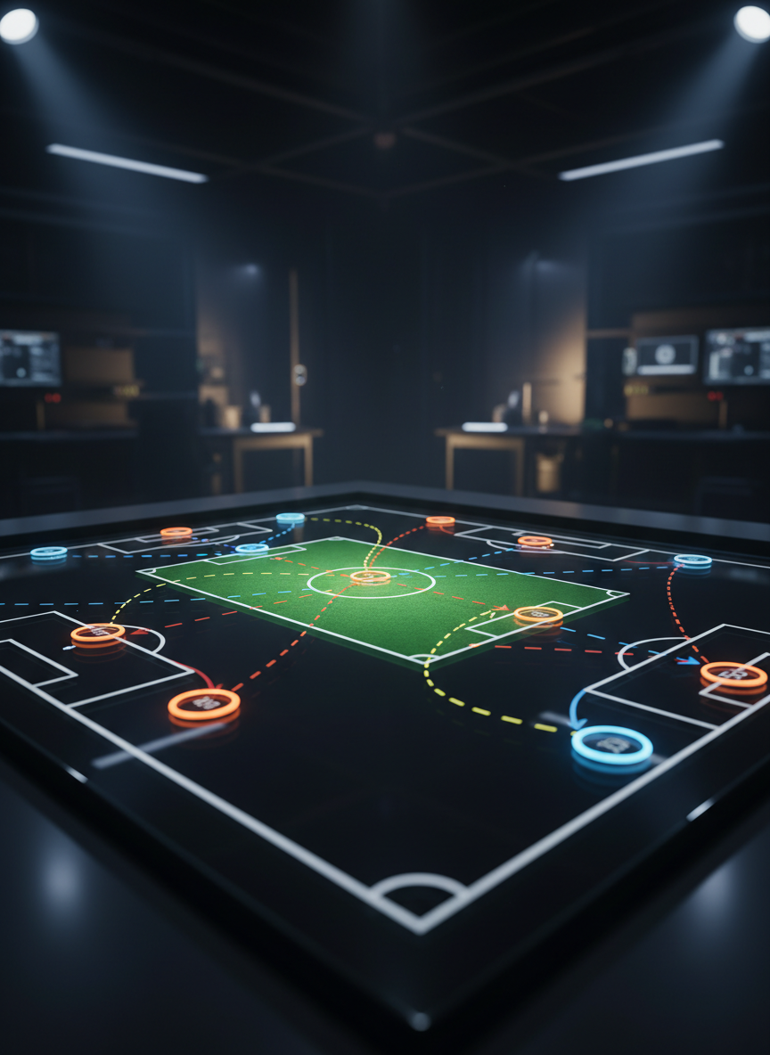 Close-up of a football tactics board with strategic diagrams and player positions